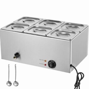24QT Commercial Food Warmer, 6-Pan Electric Steam Table, 1200W Professional Countertop Stainless Steel Buffet Bain Marie with 86-185 F Temp Control for Catering, Buffet, Parties, Restaurants
