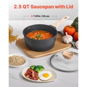 2.5 QT Saucepan, Nonstick Saucepan with Tempered Glass Lid, Multipurpose Cooking Sauce Pot with Detachable Handle, Sauce Pan Small Kitchen Cooking Pot with Coating, Induction Compatible, Black