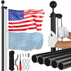 25FT Sectional Flag pole Kit, Heavy Duty Aluminum Alloy in Ground Flag poles for Outside, 3 Display Modes Flagpole with 3x5 American Flag, Professional Accessories, Black