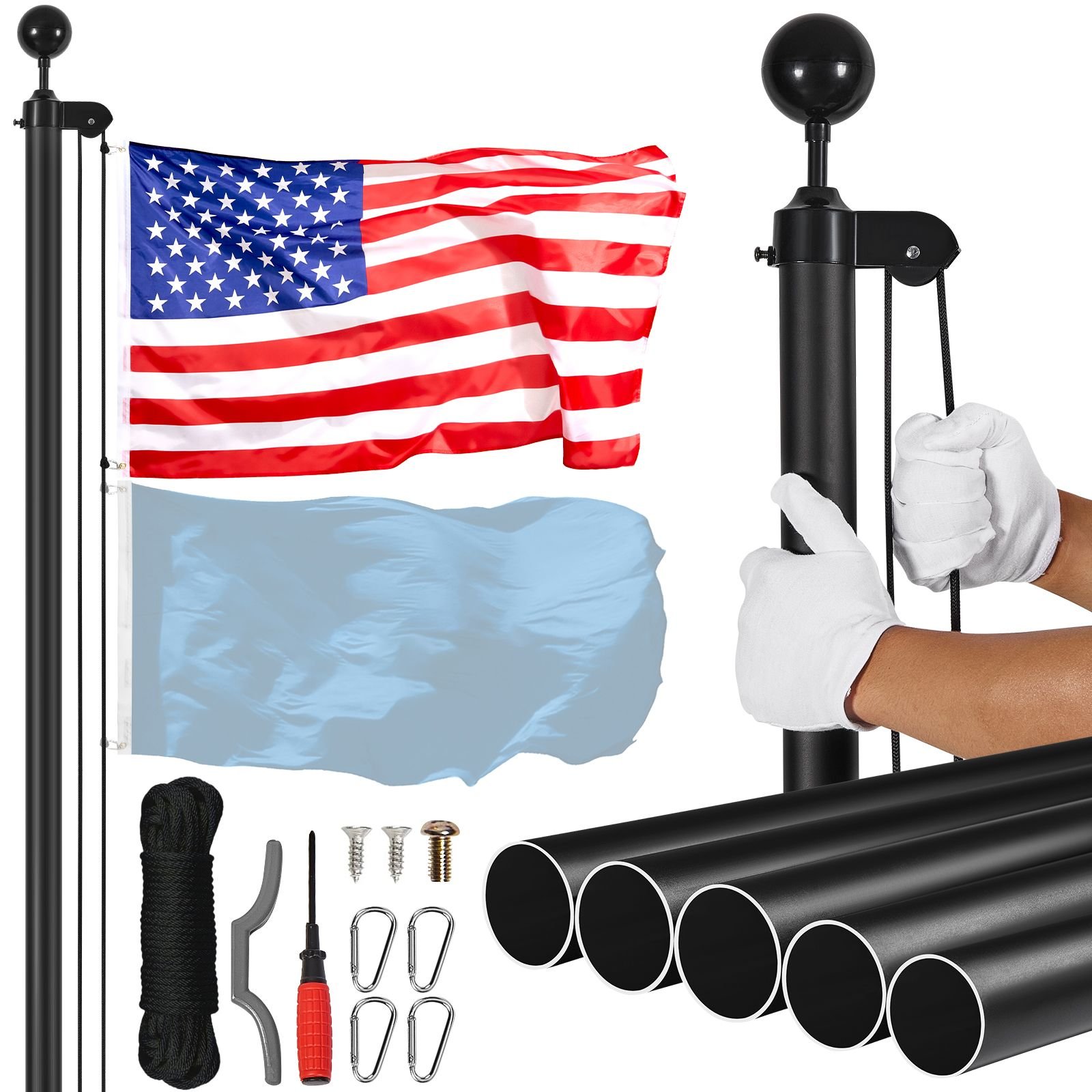 25ft sectional flag pole kit, heavy duty aluminum alloy in ground flag poles for outside, 3 display modes flagpole with 3x5 american flag, professional accessories, black