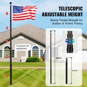 25ft telescoping flag pole kit heavy duty aluminum alloy in ground flag poles for outside 3 display modes flagpole with 3x5 american flag professional accessories black 2.jpg