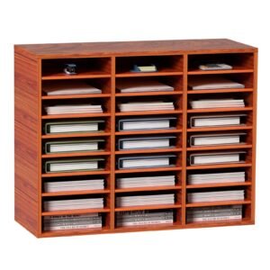 27 Compartments Wood Literature Organizer, Adjustable Shelves, Medium Density Fiberboard Mail Center, Office Home School Storage for Files, Documents, Papers, Magazines, Brown