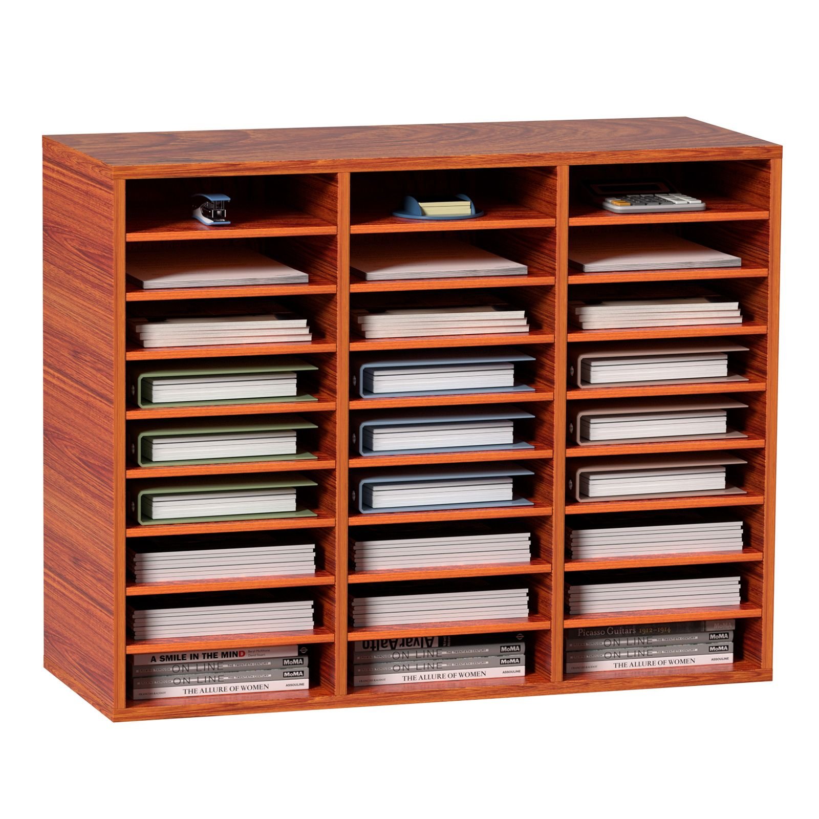 27 compartments wood literature organizer adjustable shelves medium density fiberboard mail center office home school storage for files documents papers magazines brown.jpg