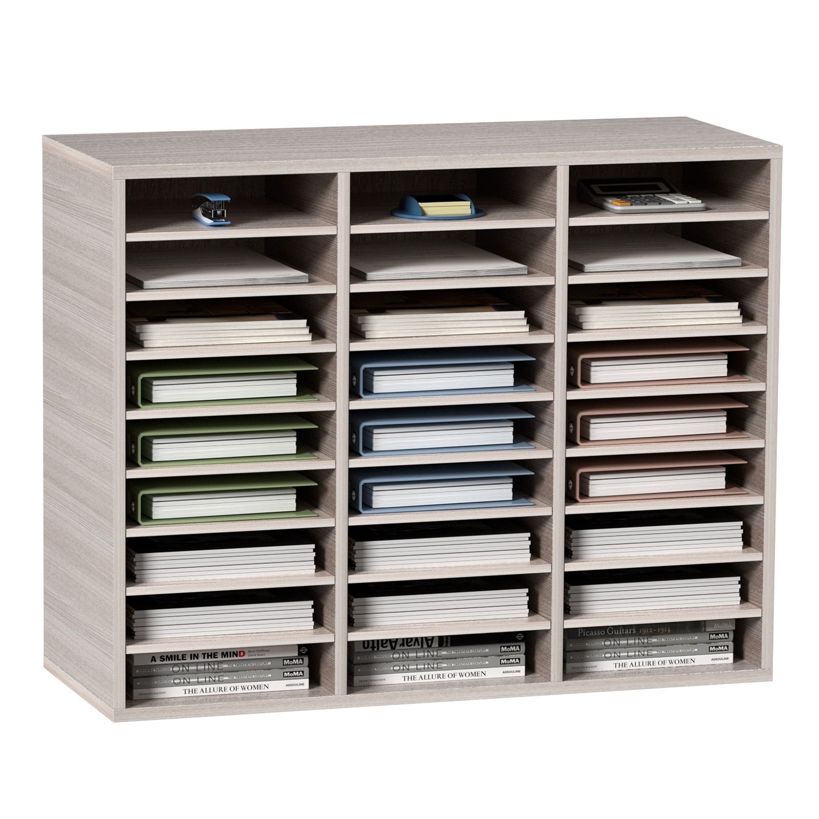 27 compartments wood literature organizer adjustable shelves medium density fiberboard mail center office home school storage for files documents papers magazines grey.jpg