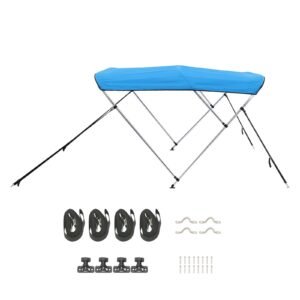 3 Bow Boat Bimini Tops, 600D Polyester Canopy with Aluminum Alloy Frame, Waterproof & Sun Shade Boat Awning Canopy with Storage Bag, 2 Support Poles, 4 Straps, 6'Lx(61"-66")W x46"H, Pacific Blue