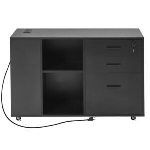 3 Drawer Wooden File Cabinet, Mobile Filing Cabinet with Power Strip, Lockable Rolling File Storage with Adjustable Shelves & 5 Wheels, Floor Standing Printer Stand for Home Office School, Black