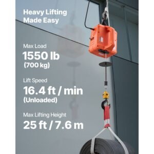 3-in-1 Electric Hoist Winch, 1550 lbs Capacity, 1500W Portable Power Winch Crane, 25 ft Lifting Height, 16.4 ft/min with Manual, Wired and Wireless Remote Control for Factory, Warehouss, Garage