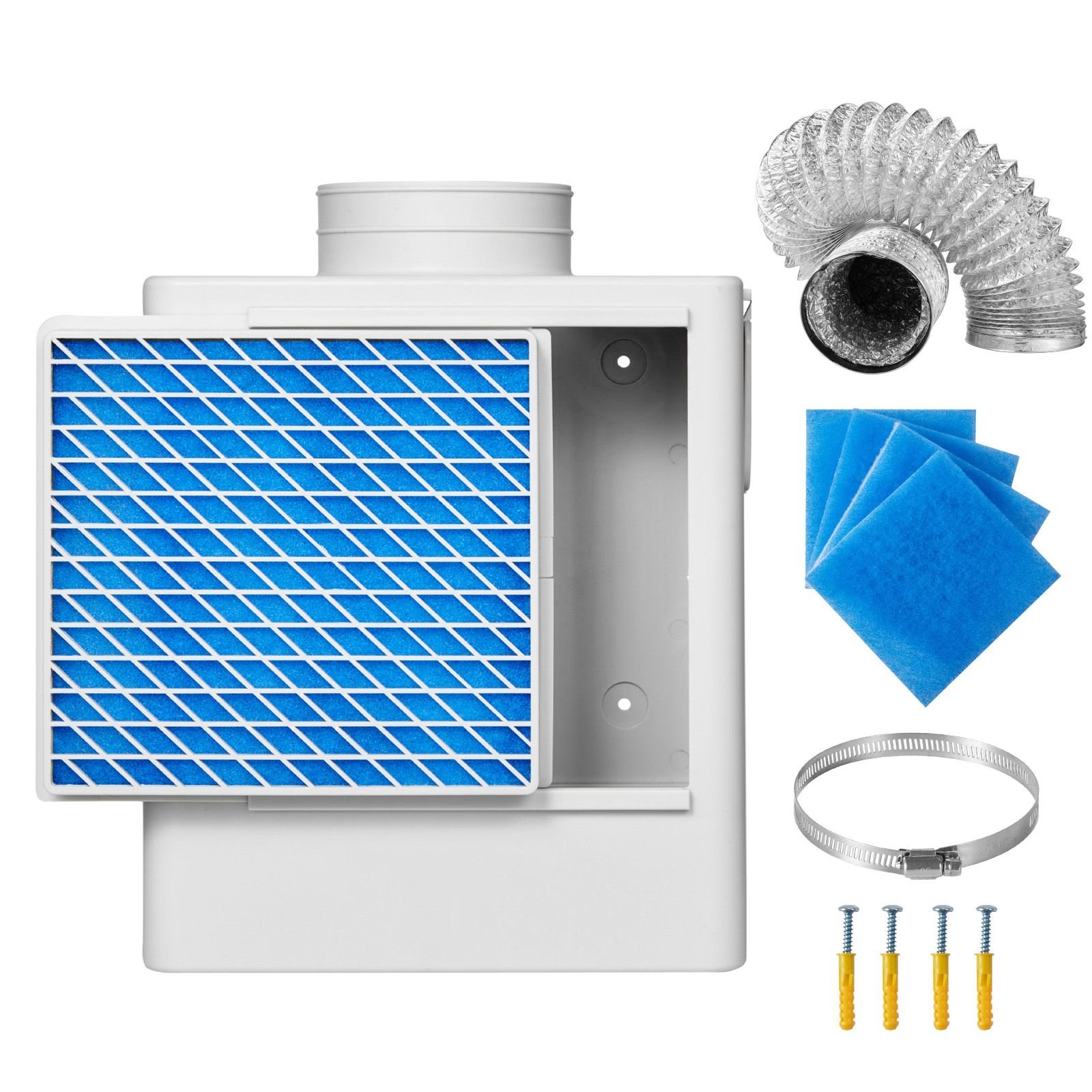 3 in 1 indoor dryer vent kit,premium abs material fits 4 inch exhaust port, smart overheating reminder exhaust hood & easy to detach mesh cap & multi layer purification with 4 replacement pads