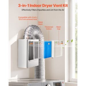 3 in 1 indoor dryer vent kit,premium abs material fits 4 inch exhaust port, smart overheating reminder exhaust hood & easy to detach mesh cap & multi layer purification with 4 replacement pads