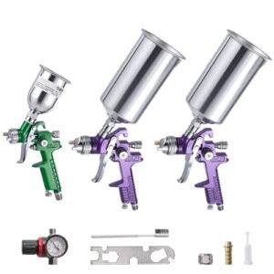 3-Piece Air Spray Gun Kit, Professional Auto Paint Spray Gun Set with 3 Nozzles (1/1.4/1.8mm), 3 Cups & Air Regulator, Gravity Feed Automotive Paint Sprayer for Primer, Topcoat & Touch-Up