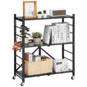 3 tier foldable storage shelf 30w x 13d x 36h inch folding metal rack shelving unit no assembly organizer shelf with 5 wheels 4 hooks for pantry kitchen garage basement black 4.jpg