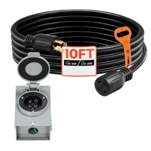 30 Amp Generator Cord and Power Inlet Box, 10 FT, 125/250V NEMA L14-30P to L14-30R Heavy Duty Extension Power Cord, SJTW 10 Gauge 7500W, Pre-Drilled Inlet Box, for Generator to House, ETL Listed