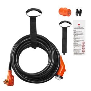 30 Feet RV Power Cord, 50 Amp, Heavy Duty STW 6/3 + 8/1 Generator Cord, NEMA 14-50P Male NEMA SS2-50R Female Plug, with LED Indicator Handle 15A Adapter, for RVs, generators, campers, ETL Listed