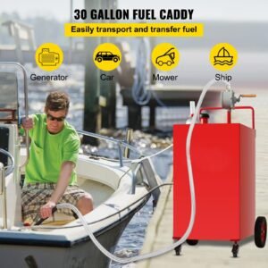 30 Gallon Fuel Caddy, Gas Storage Tank & 4 Wheels, with Manuel Transfer Pump, Gasoline Diesel Fuel Container for Cars, Lawn Mowers, ATVs, Boats, More, Red