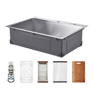 30 inch Kitchen Sink Workstation, 304 Stainless Steel Top Mount Sinks, Drop-In Single Bowl Farmhouse Basin with Ledge & Multiple Accessories, Household Dishwasher Sink for RV, Prep Kitchen, Bar