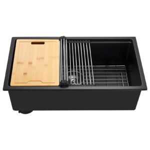 30 inch Kitchen Sink Workstation, Undermount Granite Sink, Drop-In Single Bowl Farmhouse Basin with Multiple Accessories, Household Dishwasher Sinks for RV, Prep Kitchen, and Bar (Black)