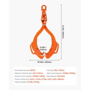 32in Log Lifting Tongs, 4-Claw Log Tongs, Heavy Duty Steel Log Grapple, 2200LBS Lifting Capacity, Swivel Log Graper Timber, Eagle Claw Design, Log Skidding Tongs for Trucks, Tractors, Forklifts