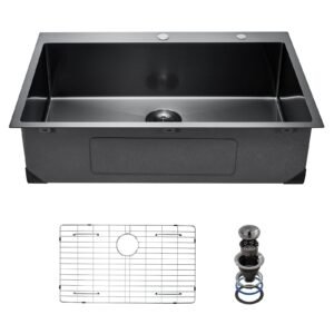 33 inch Kitchen Sink Workstation, 304 Stainless Steel Top Mount Sinks, Drop-In Single Bowl Farmhouse Basin with Accessories, Household Dishwasher Sinks for RV, Prep Kitchen, and Bar (Black)