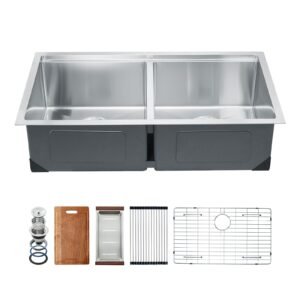 33 inch Kitchen Sink Workstation, 304 Stainless Steel Undermount Sink, Drop-In Double Bowl Farmhouse Basin with Ledge & Multiple Accessories, Household Dishwasher Sinks for RV, Prep Kitchen, Bar