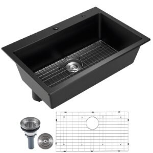 33 inch Kitchen Sink Workstation, Top Mount Granite Sinks, Drop-In Single Bowl Farmhouse Basin with Multiple Accessories, Household Dishwasher Sinks for RV, Prep Kitchen, and Bar (Black)