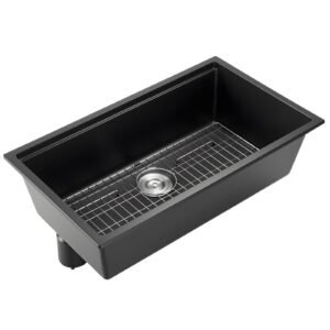 33 inch Kitchen Sink Workstation, Undermount Granite Sink, Drop-In Single Bowl Farmhouse Basin with Multiple Accessories, Household Dishwasher Sinks for RV, Prep Kitchen, and Bar (Black)