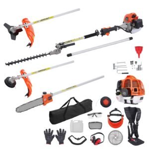 33CC 6-in-1 Multi-Functional Trimming Tools, Gas Hedge Trimmer, Weed Eater, String Trimmer, Brush Cutter, Edger, Pole Saw Chainsaw Pruner with Extension Pole