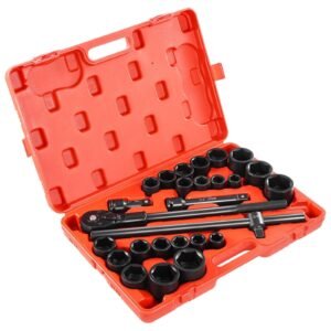 3/4 in Drive Impact Socket Set, 27 Pieces SAE 7/8 in to 2 in and Metric 22 mm to 50 mm, 6 Point Cr-V Alloy Steel for Auto Repair, Includes Extension Bars, Ratchet Handle and Storage Case