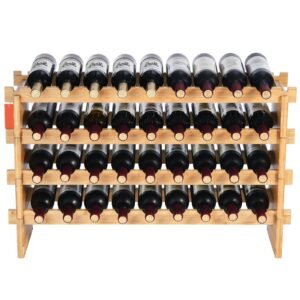 36 Bottle Stackable Modular Wine Rack, 4-Tier Solid Bamboo Wood Storage Racks, Floor Freestanding Wines Holder Display Shelf, Wobble-Free Shelves for Kitchen, Bar, and Cellar (Natural Color)