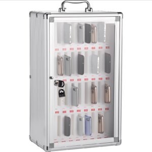 36 Slots Cell Phone Cabinet Silver Aluminum Alloy Pocket Chart Storage Locker Box with Portable Handle, Key Lock & Handwritten Tags, Wall Mounted for Classroom, Office, Gym