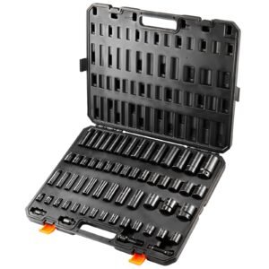 3/8" & 1/2" Drive Impact Socket Set, 59PCS Socket Set SAE 5/16" to 1-1/4" and Metric 6-32mm, 6 Point Cr-Mo Alloy Steel for Auto Repair, Easy-to-Read Markings, Rugged Construction, Storage Case