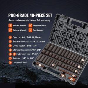 3/8" Drive Impact Socket Set, 48 Piece Socket Set SAE (5/16" -3/4") & Metric (8-22mm)6 Point Cr-V Drive Extension Bar Universal Joint & Power Drill Adapter Includes Storage Case