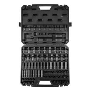 3/8" drive impact socket set, sae 1/4" 3/4" and metric 6 19mm 90 piece socket set, 6 point cr mo alloy steel for auto repair, includes extension bars universal joint adapter lock storage case