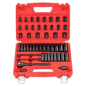 3/8 in Drive Impact Socket Set, 50 Piece, 6 Point Deep & Shallow Impact Sockets, SAE (5/16 in to 3/4 in) and Metric (8 to 22 mm) Sizes with 3 in & 6 in Extension Bars, Cr-V Steel, Carrying Case