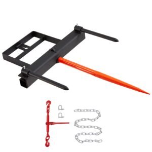 39" Hay Spear, Bale Spears 1600lbs Loading Capacity, Skid Steer Loader Tractor Bucket Attachment with 2pcs 17.5" Stabilizer Spears and 60" Chain, Quick Attach Spike Forks