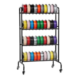 3d printer filament storage rack, 4 tier heavy duty storage shelf, rolling filament spool holders racks with wheels, filaments organzied for 3d printing station, office, workshop (shelf only)