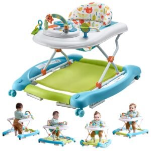 4-in-1 Baby Walker, Foldable Baby Activity Center on Wheels, 3 Adjustable Height, Music & Toys Tray, Learning-Seated | Walk-Behind | Rocker | Bouncer Toddler Walker for Girls Boys 6-24 Months