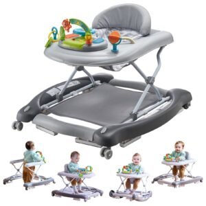 4-in-1 Baby Walker, Foldable Baby Activity Center on Wheels, 3 Adjustable Height, Music & Toys Tray, Learning-Seated | Walk-Behind | Rocker | Bouncer Toddler Walker for Girls Boys 6-24 Months