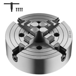 4-Jaw Lathe Chuck, 10 in (250 mm), Lathe Chuck, 0.6-9.84 in (15-250 mm) Clamping Range with T-key Fixing Screws Reversible Jaws, HT300 Cast Iron Material, Internal External for Wood Metal Lathe