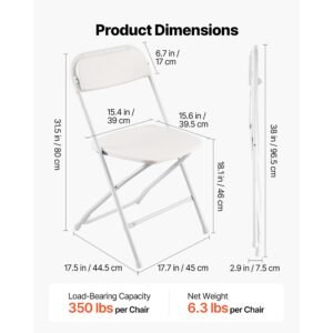 4 Pack Folding Chairs, Foldable Plastic Chairs with Heavy Duty Metal Frame, Portable Folding Card Table Chairs, Stackable Indoor Outdoor Seats for Home, Yard, Garden, Parties, Events, White