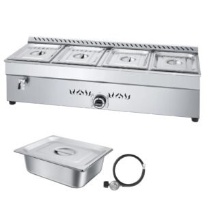 4-Pan Commercial Propane Steam Table, LP Gas Outdoor Soup Warmer with Drain Valve, Stainless Steel Propane Food Warmer with Adjustable Temperature, for Restaurant Party Outdoor Camping