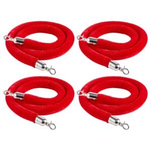 4 Pcs Red Velvet Stanchion Ropes, 5 ft Crowd Control Stanchion Red Velvet Ropes with Silver Hooks, Post Queue Barrier Carpet Rope for Carpet Events Movie Theaters Grand Openings Hotels Party