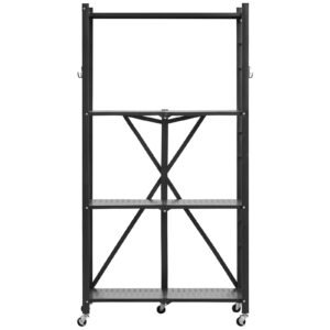 4-Tier Foldable Storage Shelf, 28W x 13D x 54H Inch Folding Metal Rack Shelving Unit, No Assembly Organizer Shelf with 5 Wheels & 4 Hooks for Pantry, Kitchen, Garage, Basement, Black