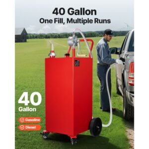 40 gallon fuel caddy, gasoline & diesel fuel tank with manual transfer pump, portable fuel storage tank with 4 wheels & 10 ft hose, gas caddy for cars, lawn mowers, atvs, boats, more, red