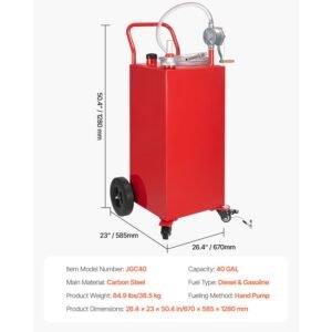 40 gallon fuel caddy, gasoline & diesel fuel tank with manual transfer pump, portable fuel storage tank with 4 wheels & 10 ft hose, gas caddy for cars, lawn mowers, atvs, boats, more, red
