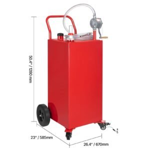 40 gallon fuel caddy, gasoline & diesel fuel tank with manual transfer pump, portable fuel storage tank with 4 wheels & 10 ft hose, gas caddy for cars, lawn mowers, atvs, boats, more, red