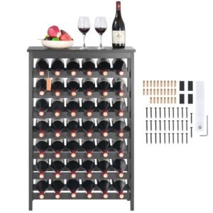 42 Bottle Modular Wine Rack, 7-Tier Solid Bamboo Wood Storage Racks with Table Top, Floor Freestanding Wines Holder Display Shelf, Wobble-Free Shelves for Kitchen, Bar, and Cellar (Black)