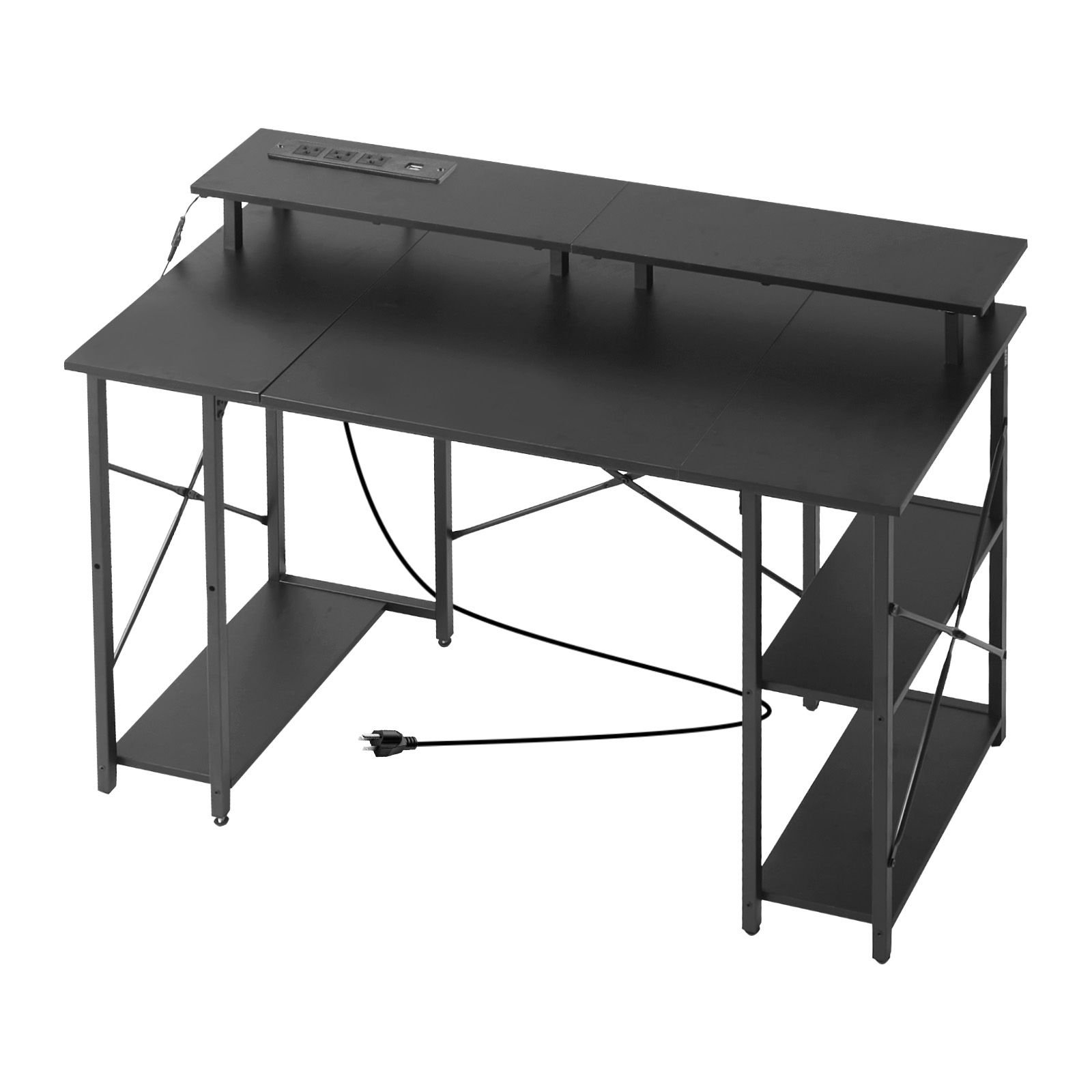47" gaming desk with led lights & power outlets, computer desk with monitor stand & 2 tier storage sheves, study work for home office, black