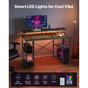 47" gaming desk with led lights & power outlets, computer desk with monitor stand & 2 tier storage sheves, study work for home office, black