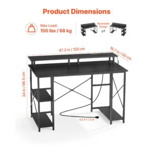 47" gaming desk with led lights & power outlets, computer desk with monitor stand & 2 tier storage sheves, study work for home office, black