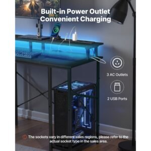 47" gaming desk with led lights & power outlets, computer desk with monitor stand & 2 tier storage sheves, study work for home office, black